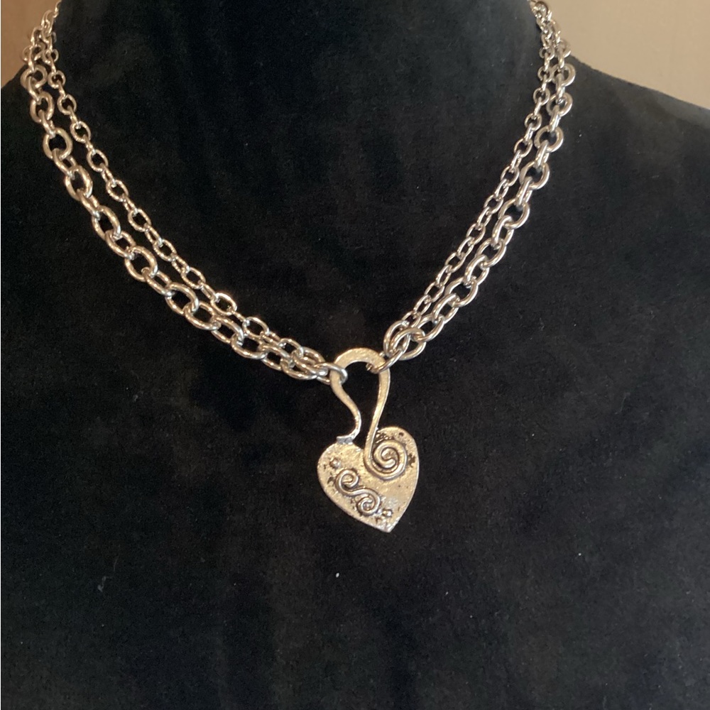 Silver Heart Pendant Double Chain Necklace - Women Jewelry